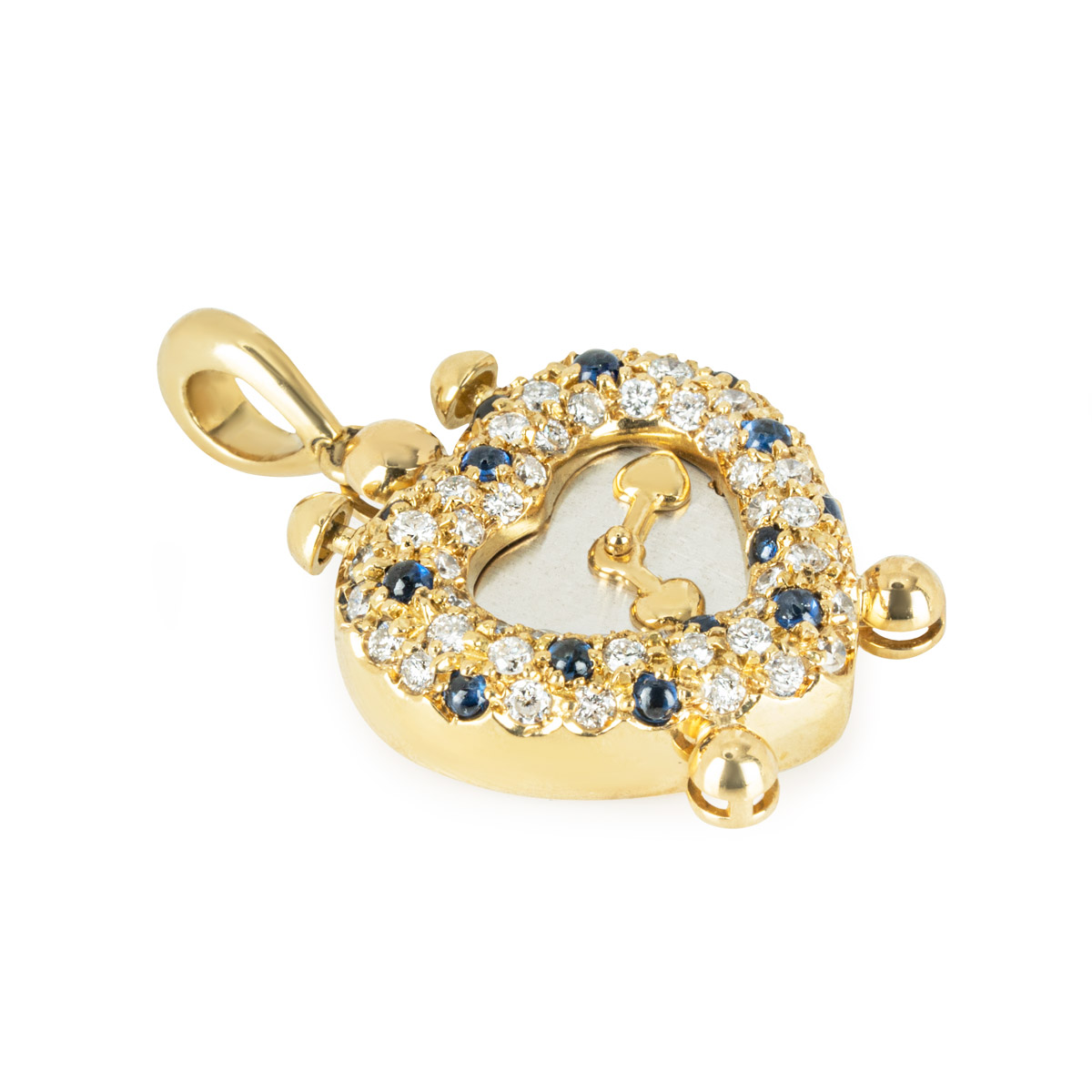 Yellow Gold Diamond and Sapphire Heart Clock Pendant